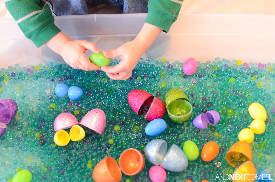 Easter Sensory Bin with Scented Water Beads And Next Comes L