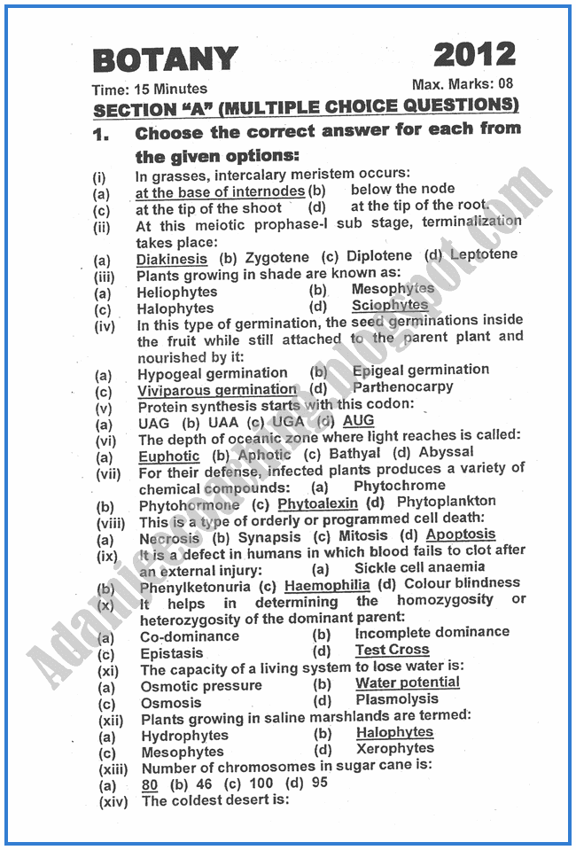 Adamjee Coaching Botany 2012 Past Year Paper Class XII