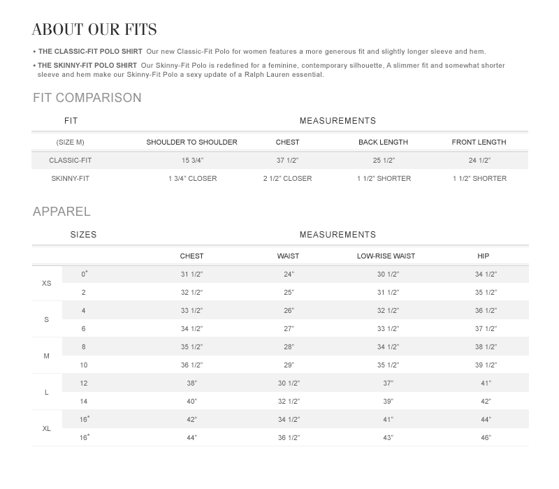 Polo Custom Fit Size Chart