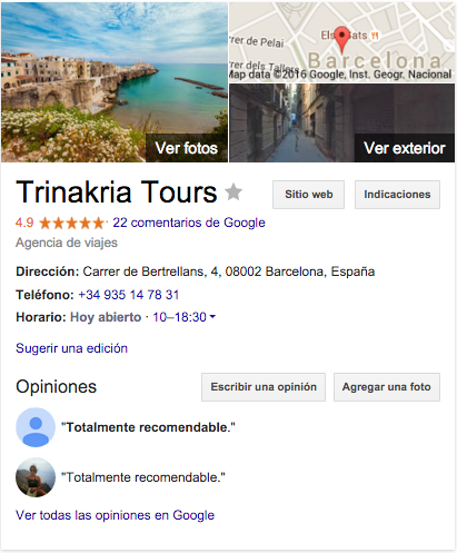 Opiniones Google sobre TRINAKRIA TOURS