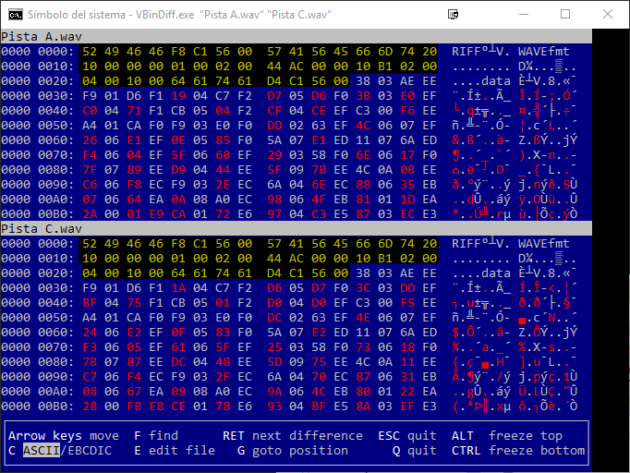 Cómo (no) usar Audacity y Spek para llegar a conclusiones erróneas Vbindiff-A-C-bytes