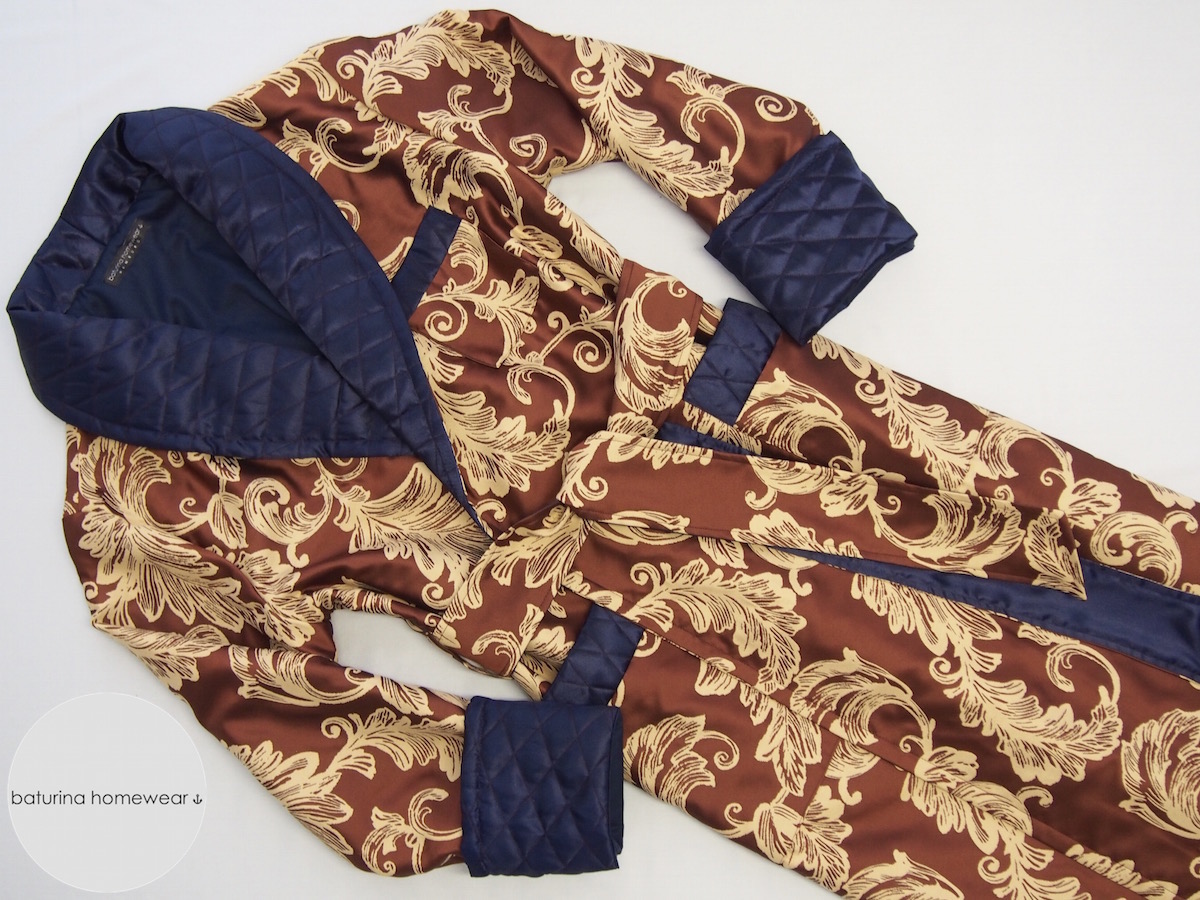 Men's Floral Jacquard Dressing Gowns in Silk and Cotton with Quilted Collar
