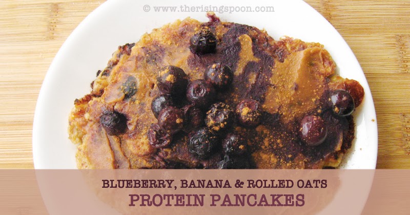 Blueberry, Banana & Rolled Oats Protein Pancakes | www.therisingspoon.com