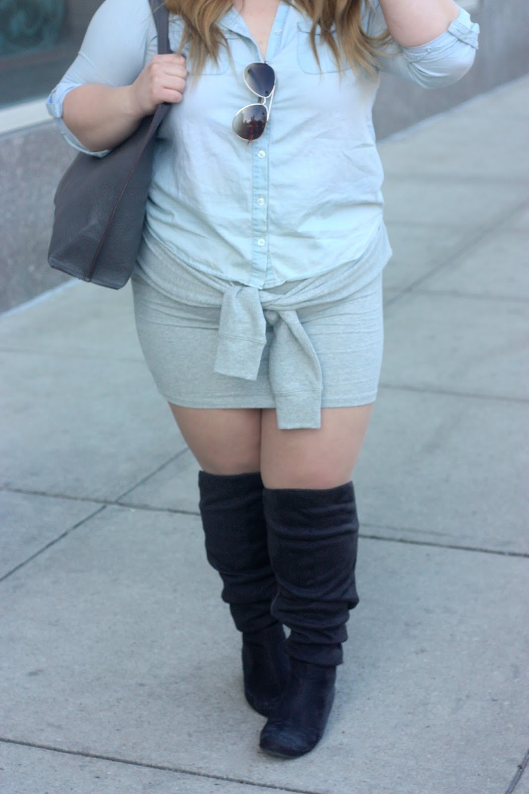 natalie in the city, natalie craig, chicago, ps fashion, plus size fashion blogger, how to wear a tie waist skirt, curvy, fatshion, charlotte russe plus, denim button up, knee high wide calf suede boots, bottle blonde