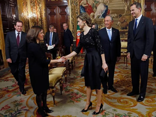 King Felipe VI of Spain and Queen Letizia of Spain receive Portugals President Marcelo Rebelo de Sousa before a gala dinner held at the Royal Palace in Madrid