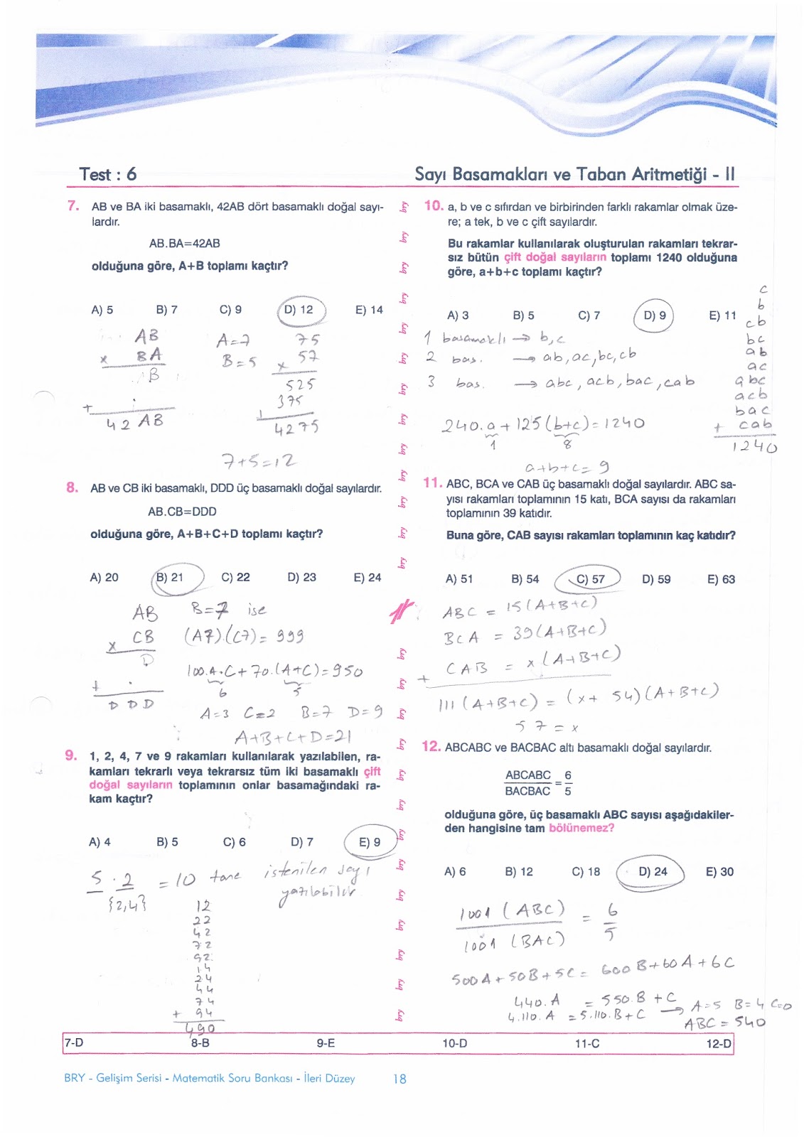 BİREY C MATEMATİK SORU BANKASI SAYI BASAMAKLARI VE TABAN ARİTMETİĞİ