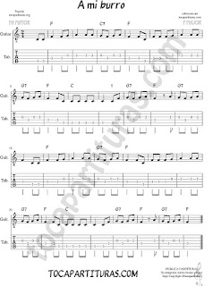 Tablatura y Partitura del Punteo de Guitarra en Fa Mayor de la canción infantil A mi burro Easy Sheet Music tablature for your Guitar in key F Tabs