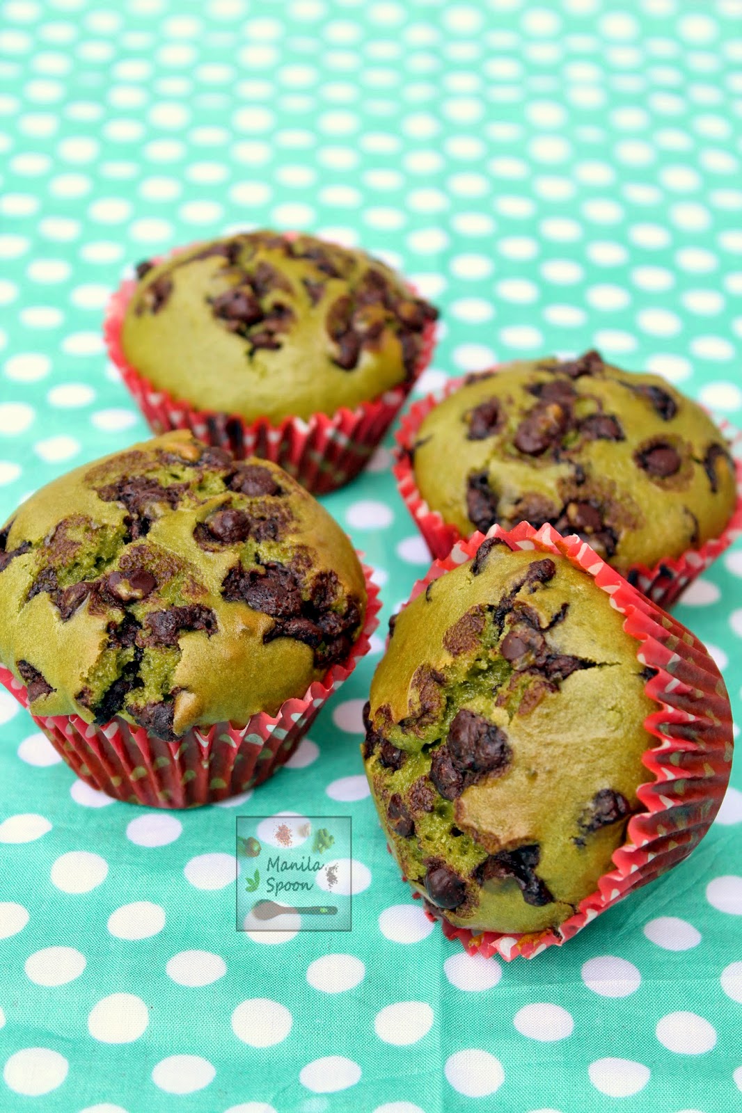 With a subtle hint of green tea and chocolate flavors, too plus a natural vibrant green color these moist and tender muffins are great for tea time or any time you fancy a sweet snack. #green #tea #chocolate #muffins #snacks Green Tea Muffins