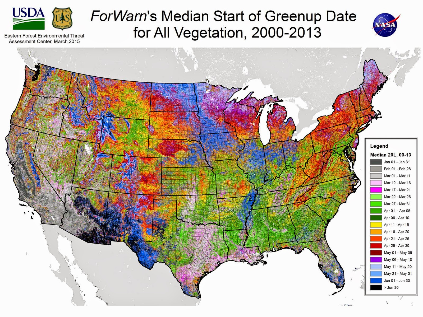 Median foliage greenup dates in the US