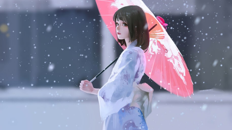 Beautiful, Anime, Girl, Kimono, Umbrella, Snowing, 4K, #6.2214
