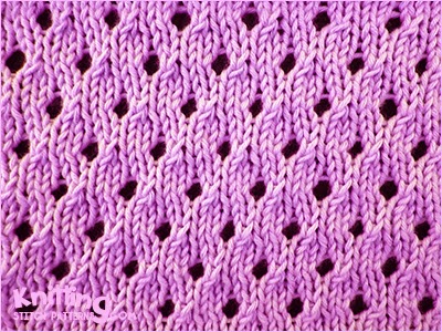 The Staggered Eyelet stitch pattern produces a pretty all over eyelet pattern. The eyelets are produced by creating both a yarn over and a decrease. Working these two together creates the eyelet in the fabric and maintains the stitch count.