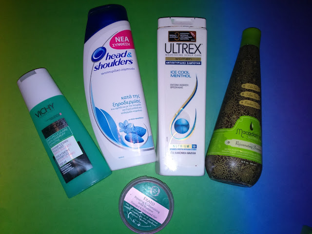 Shampoos: Vichy Dercos Anti-Dandruff Sensitive, Fresh Line Erato Repairing and Moisturizing Solid Shampoo, Head & Shoulders, Ultrex Women Ice Cool Menthol, Macadamia Natural Oil Rejuvenating Shampoo