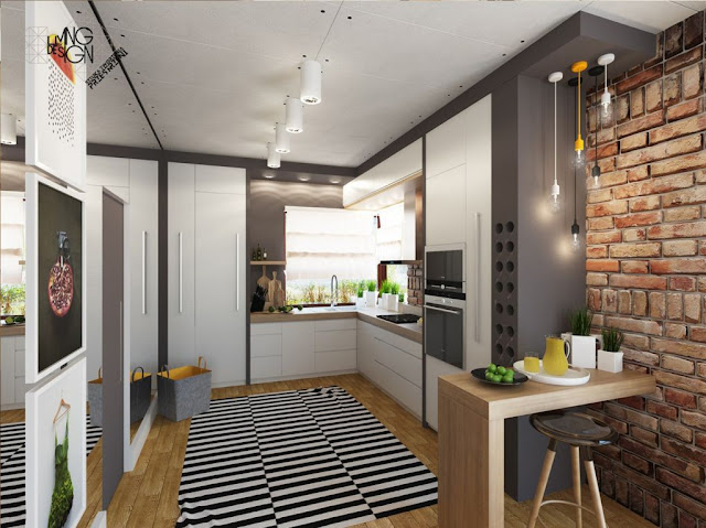 Pequena cozinha integrada à sala: bem planejada, delicada e moderna. Achados de Decoração