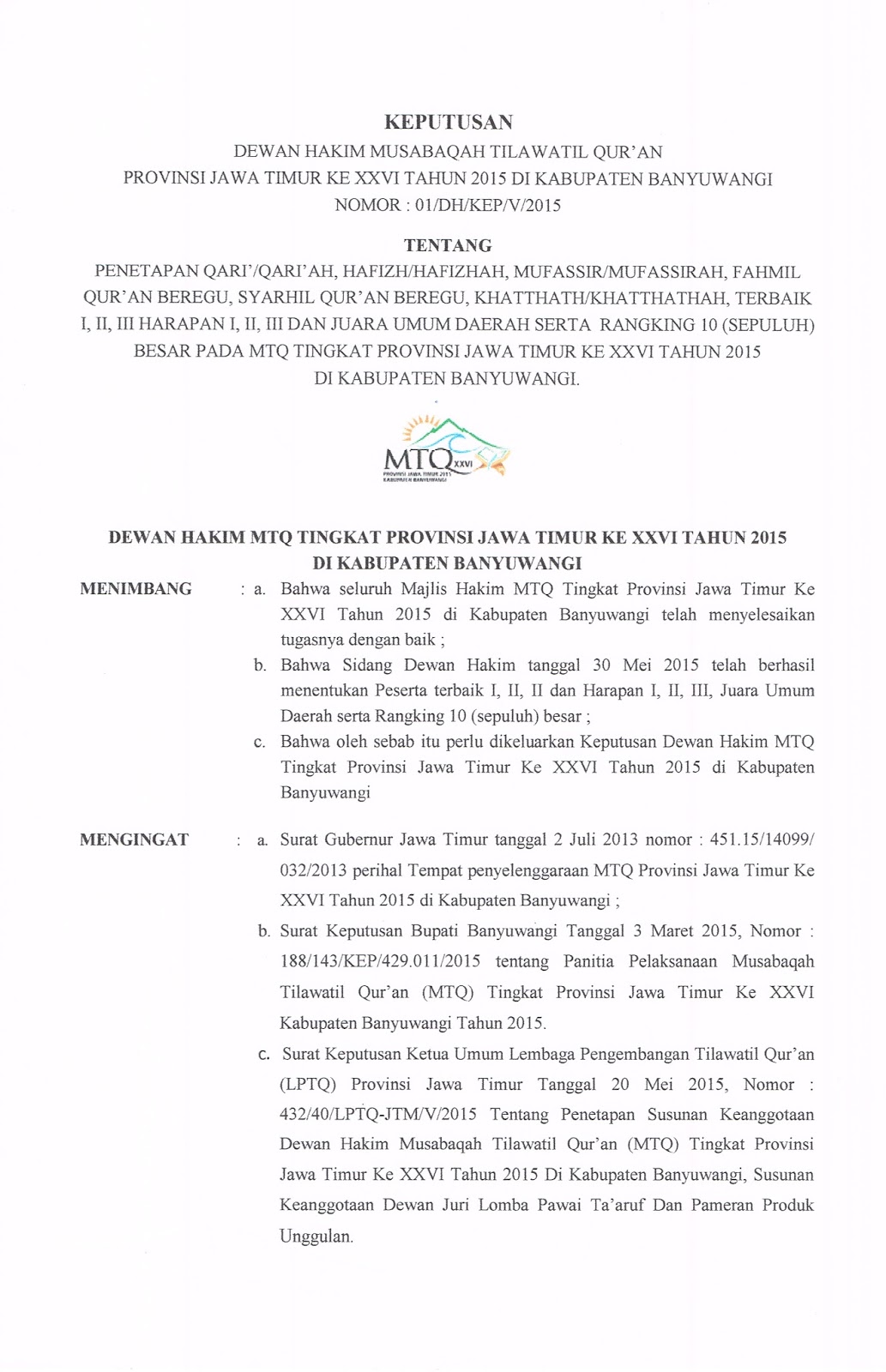 Sk Keputusan Dewan Hakim Mtq Jawa Timur Ke Xxvi Tahun 2015