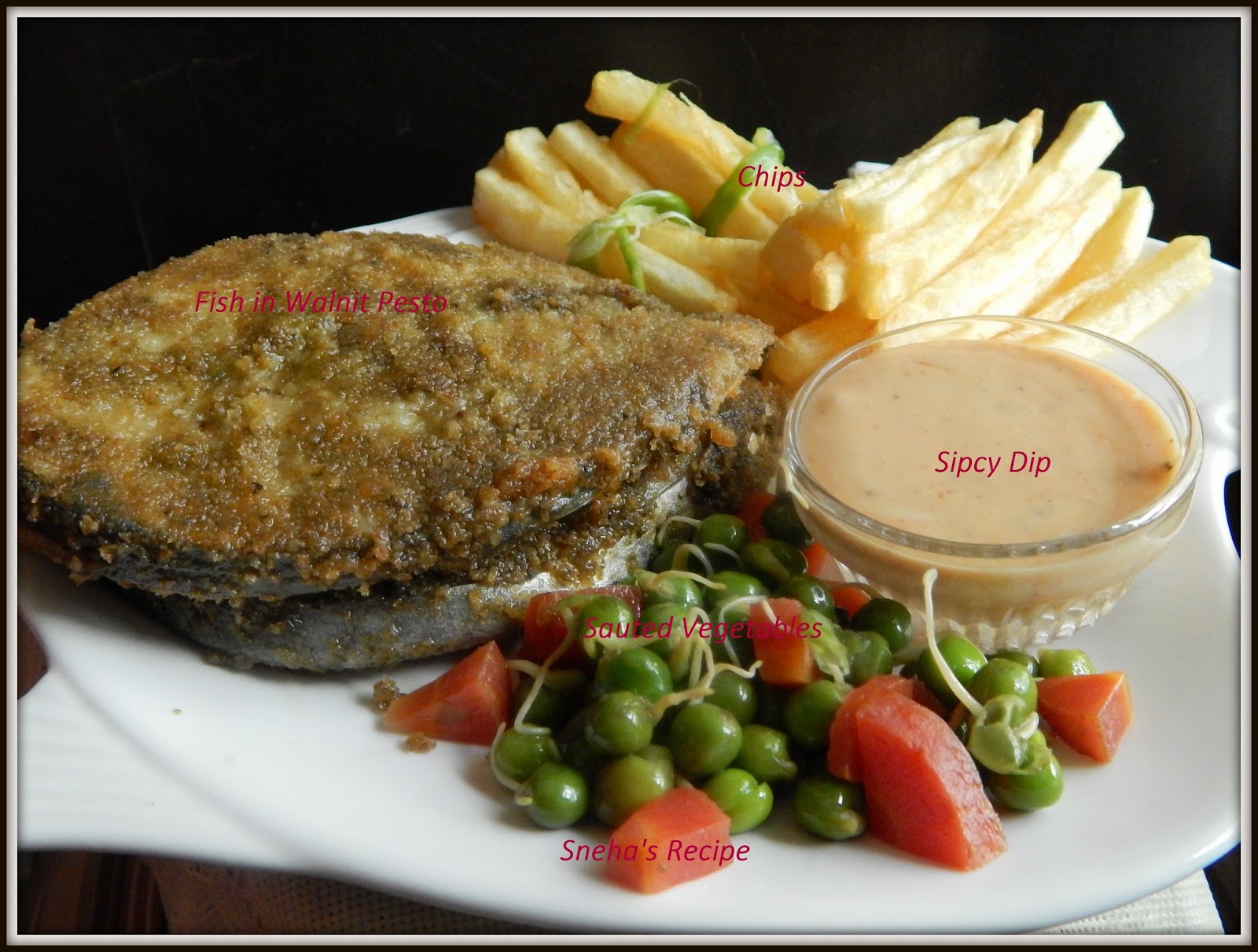 FISH N CHIPS WITH SAUTEED VEGETABLES AND SPICY DIP Sneha's Recipe