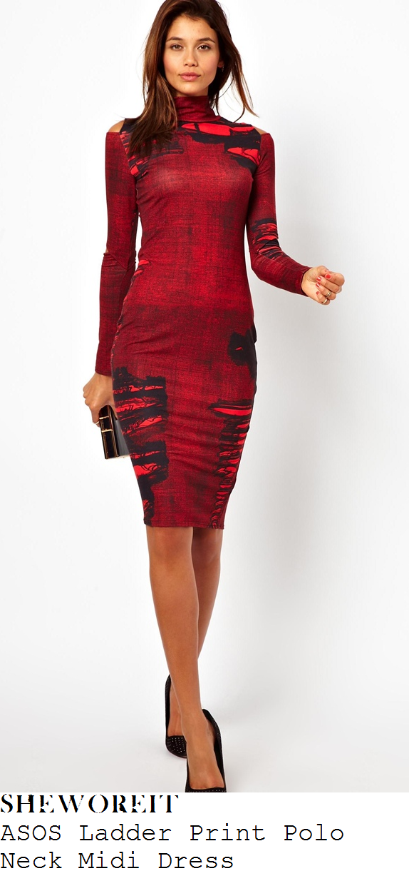 jesy-nelson-red-and-black-ladder-print-long-sleeve-polo-neck-midi-dress