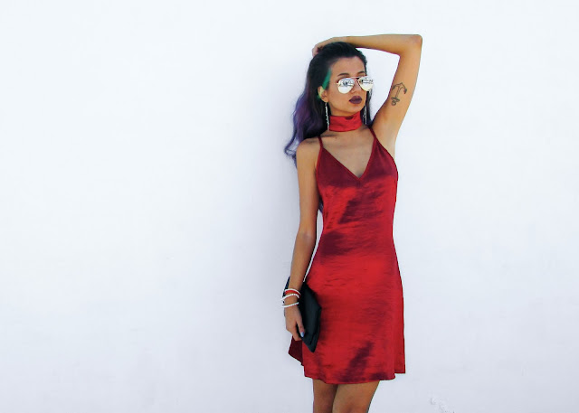 red satin slip dress