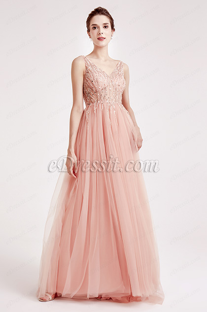 V Cut Beaded Tulle Evening Party Dresses