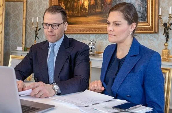 Crown Princess Victoria wore Rodebjer Zoe blazer and darcel trousers and Rodebjer navy blue silk blouse