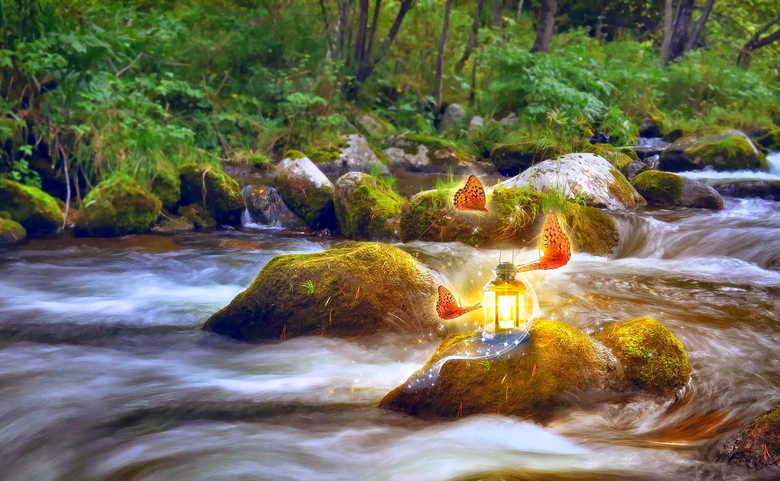 Magische lamp in de rivier Fantasie achtergrond met lamp en vlinders