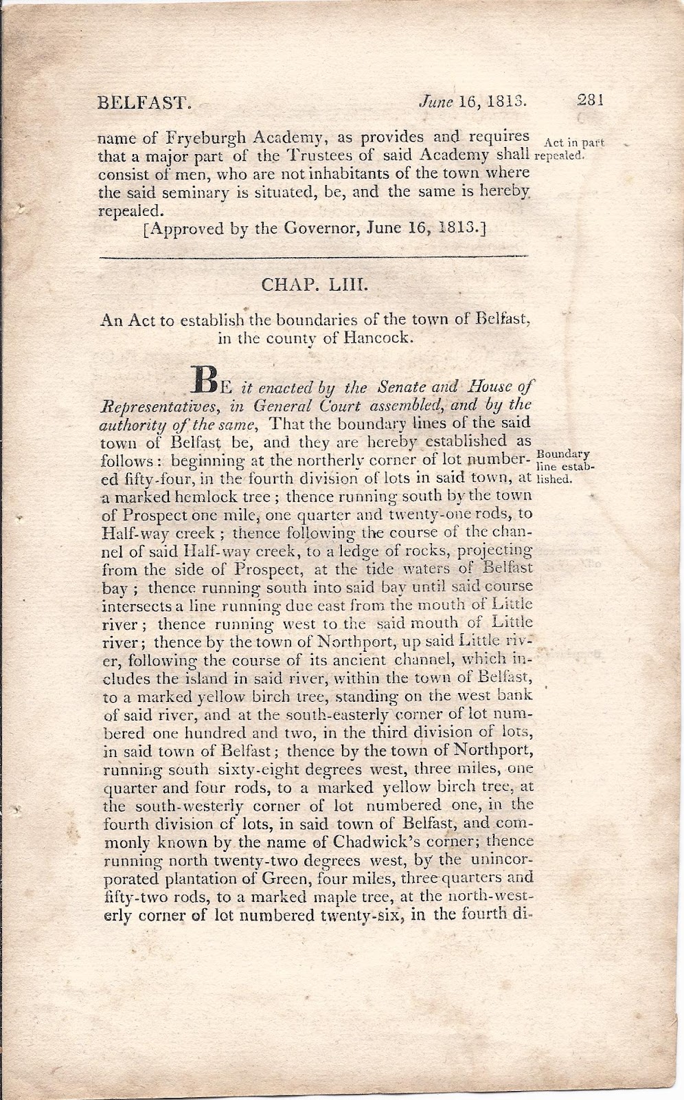 Heirlooms Reunited: 1813 Law Establishing Boundaries of Belfast, Maine