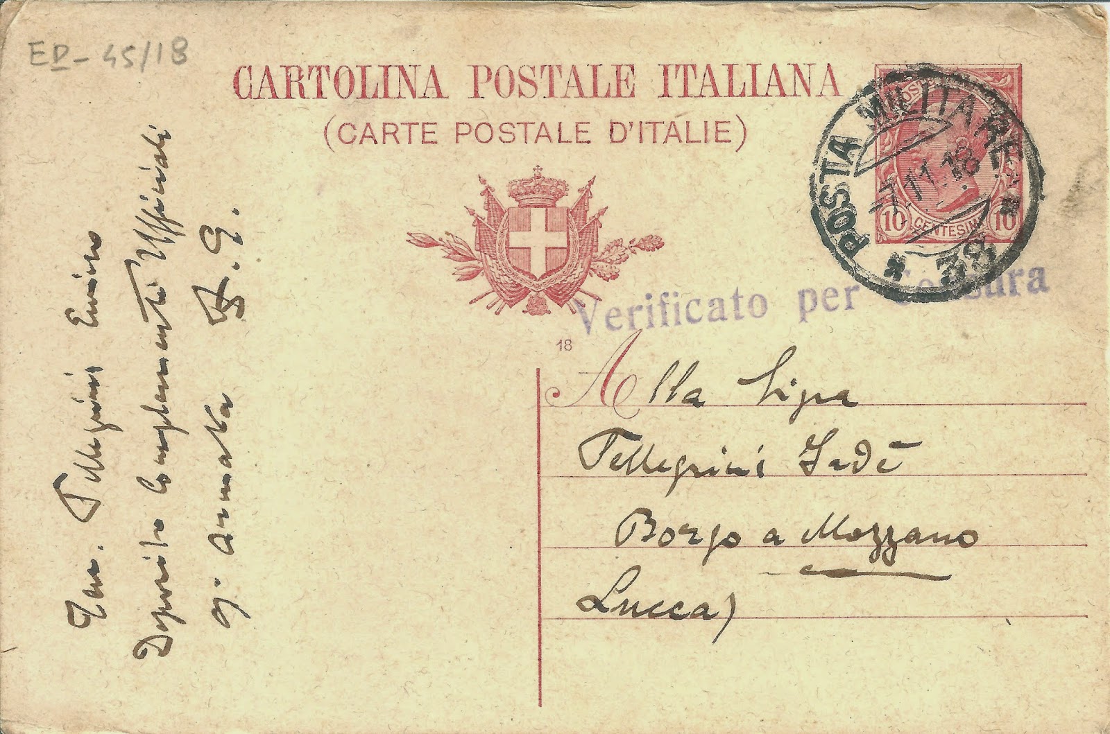 Ricordi Cartolina del Ten. Enrico Pellegrini dal fronte nel giorno della vittoria 4 novembre 1918 Ricordi Cartolina del Ten. Enrico Pellegrini dal fronte nel giorno della vittoria 4 novembre 1918