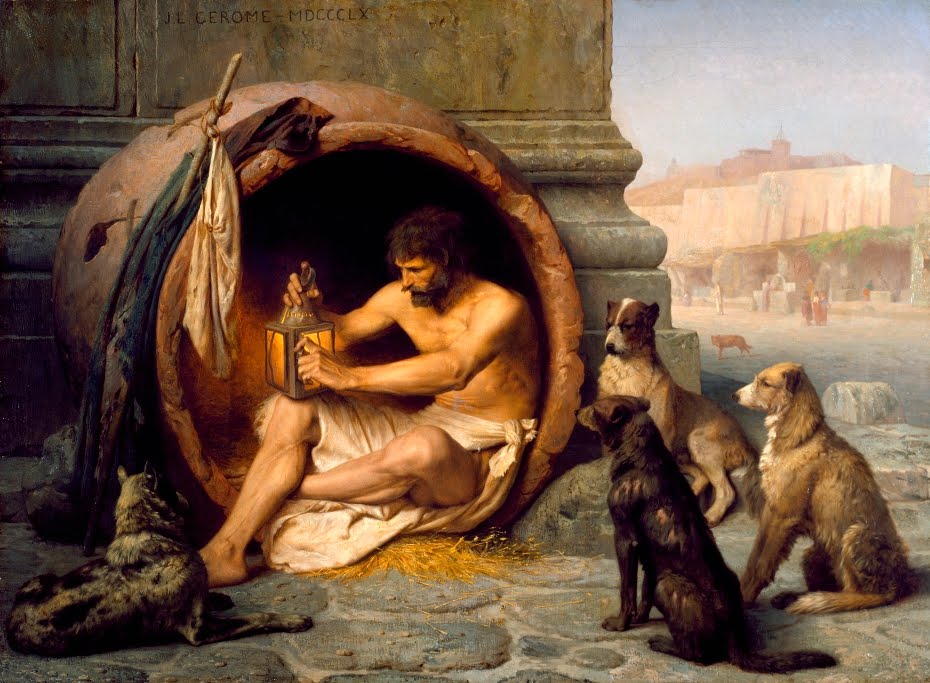 "Diógenes preparando su farol para salir a buscar gente honesta a la luz del día" (J.L.Gérôme 1860)