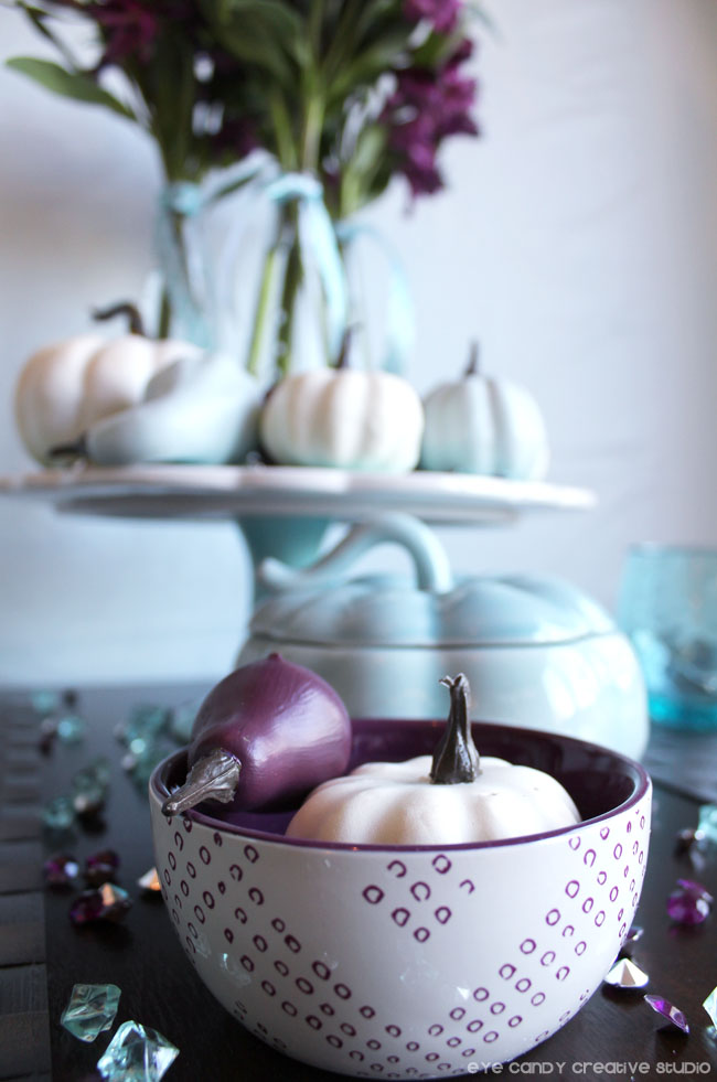 Target bowls, cake stand thanksgiving table ideas, plum & blue table