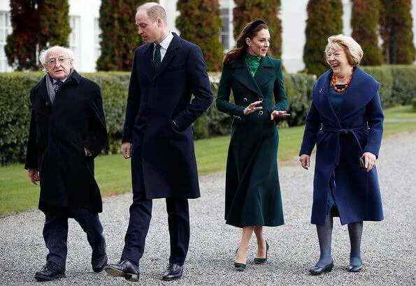 Kate Middleton wore a new silk peplum dress by Alessandra Rich, and Catherine Walker coat. Michael Higgins and Sabina Coyne