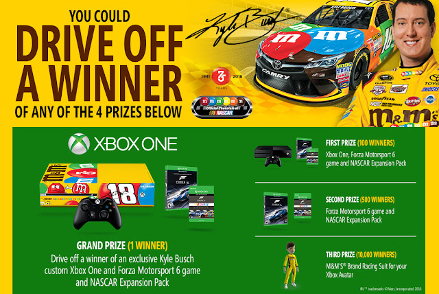 M&M’S Kyle Busch Forza Motorsport 6 Sweepstakes M&Ms wants you to enter daily for a chance to totally drive off a winner with a brand new Kyle Busch custom XBOX One and the Forza MS 6 Game with Nascar Expansion pack or other great prizes!