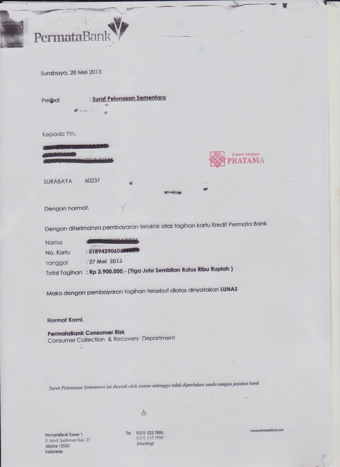 Contoh Surat Pelunasan Kartu Kredit Bank Mega Contoh Seputar Surat