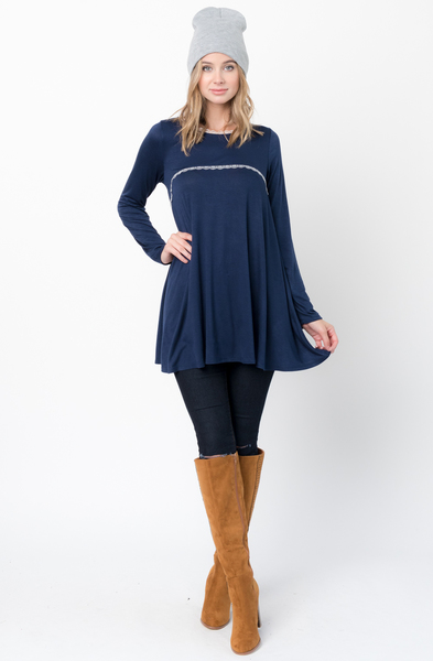 Buy Now navy Lace Trim Long Sleeve Jersey Top Tunic Online - $34 -@caralase.com