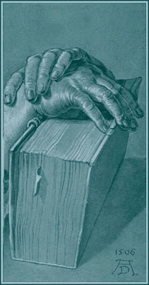 drawing of two hands crossed upon the spine of an old book