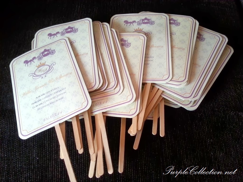 program fan, kuala lumpur, malaysia, kepong, cyberjaya, wedding, marriage, card, invitation, invites, horse carriage, purple, beige, ice cream stick, thank you card, custom made, unique, handmade, hand crafted 