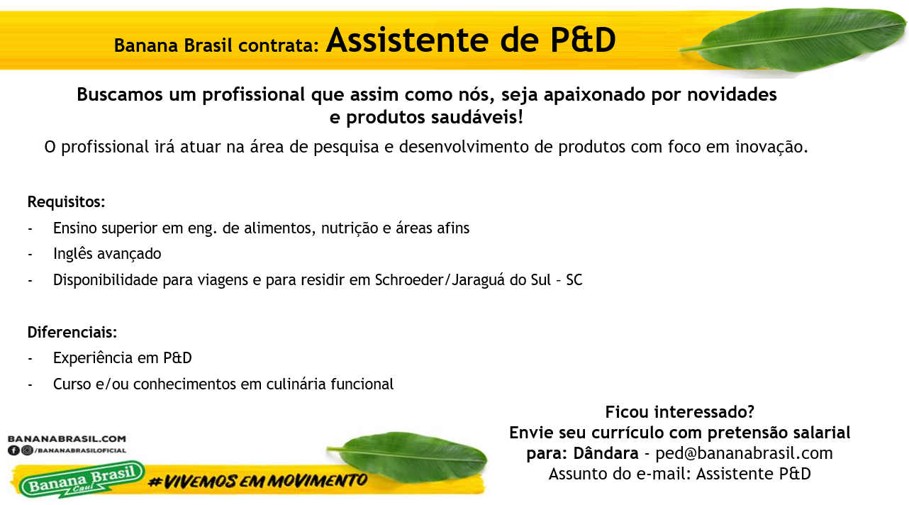 Emprego Assistente de Pesquisa e Desenvolvimento Banana Brasil