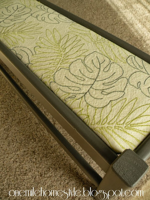 Dark Gray bench with tropical leaf fabric
