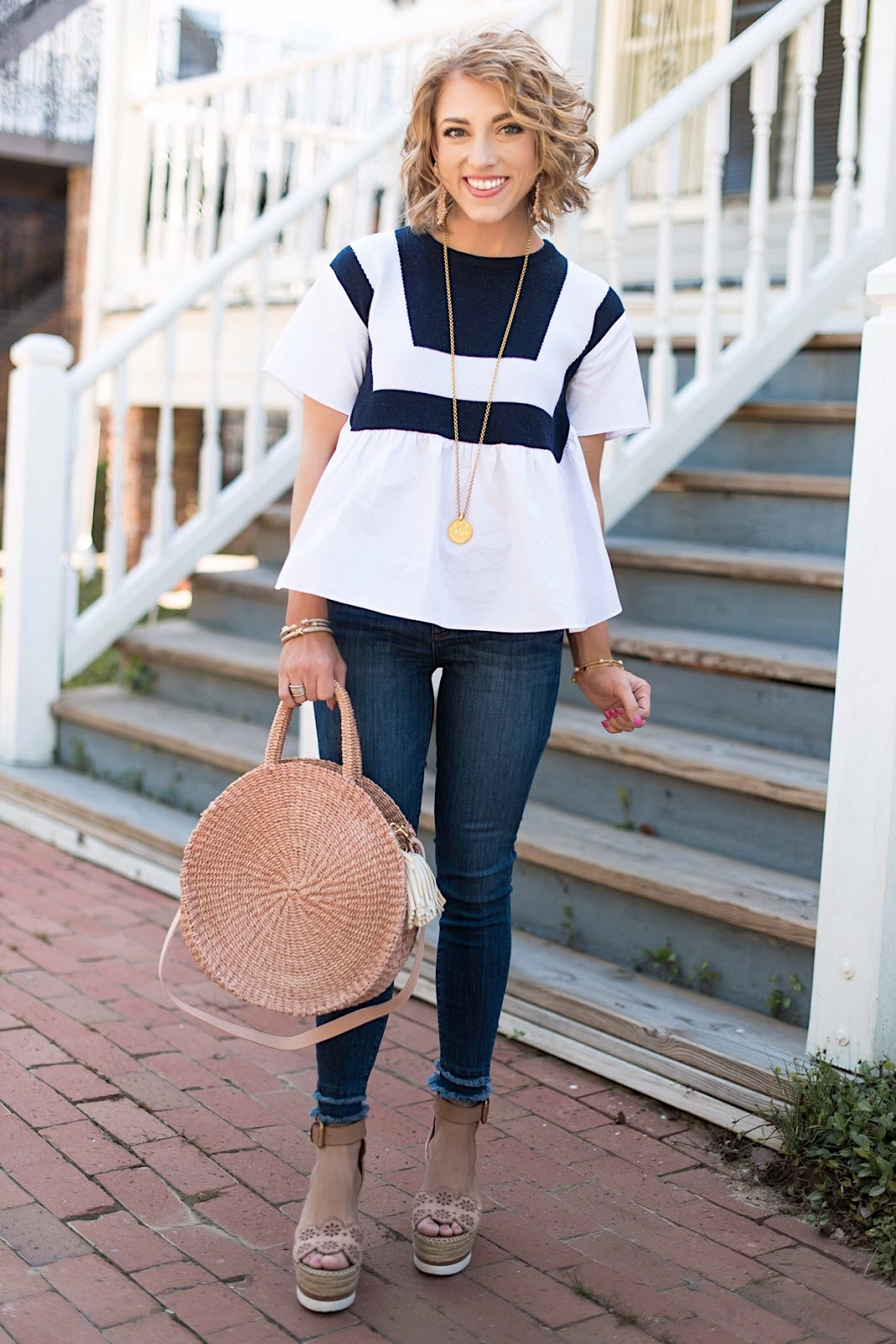 English Factory Navy and White Tanner Knit Top + Clare V. Alice Bag in Blush - Something Delightful Blog