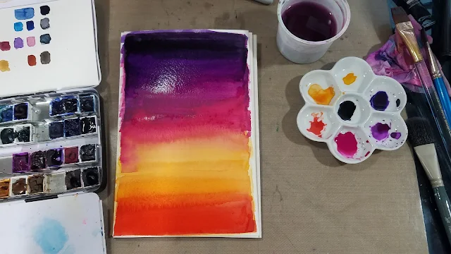 watercolor sunset, gradiated wash, graduated wash