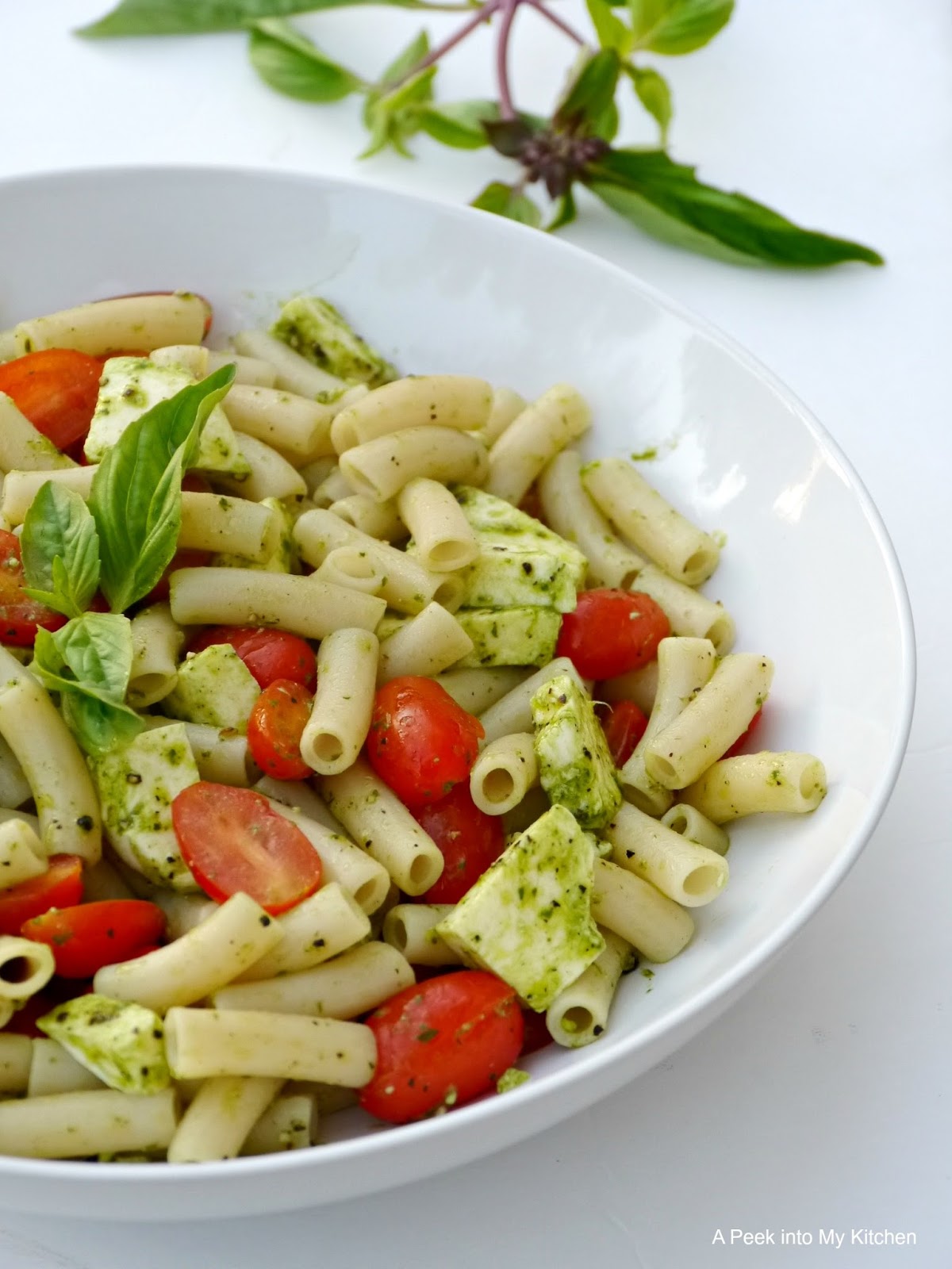 A Peek into My Kitchen Caprese Pasta Salad with Thai Basil Vinaigrette
