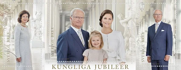 New stamps bearing the portraits of the Royal Couple, Crown Princess Victoria and Princess Estelle will be released on March 17 on the occasion of 40th anniversary of the wedding of King Carl Gustaf of Sweden and Queen Silvia of Sweden