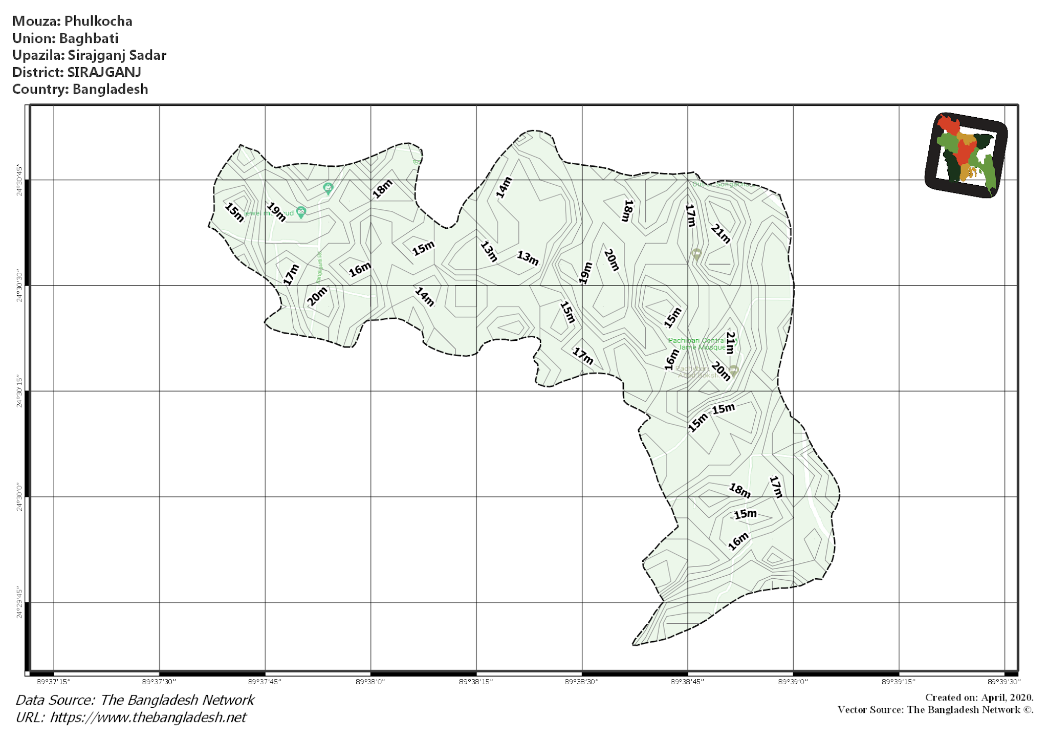 Map of Phulkocha Mouza of Sirajganj Sadar Upazila, SIRAJGANJ, Bangladesh.