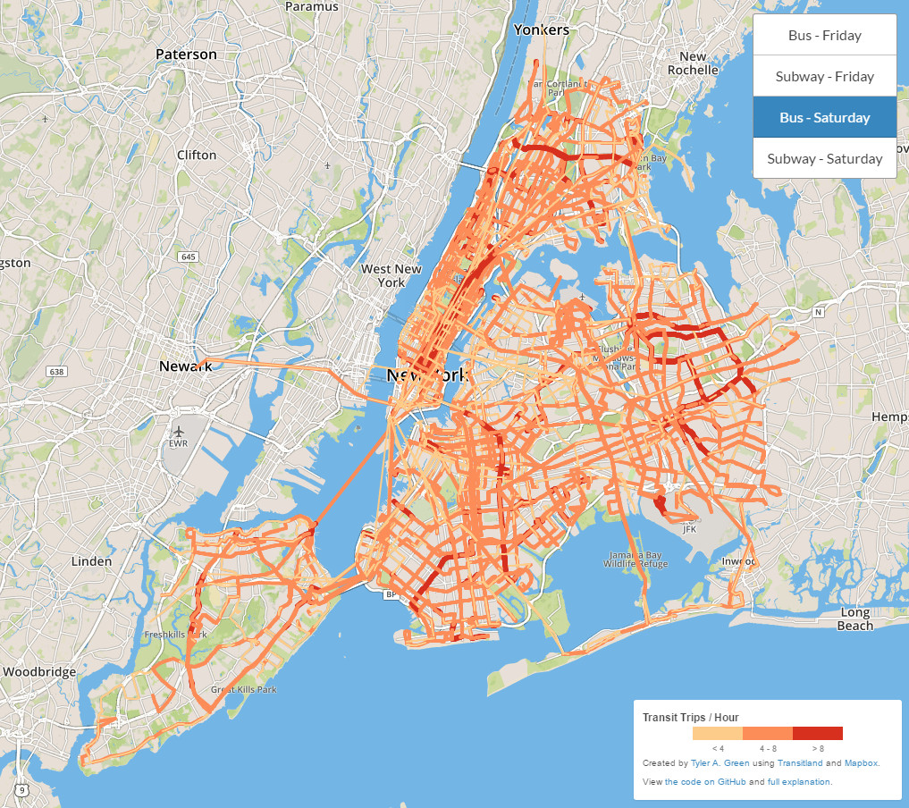 New York City transit frequency visualization (bus).