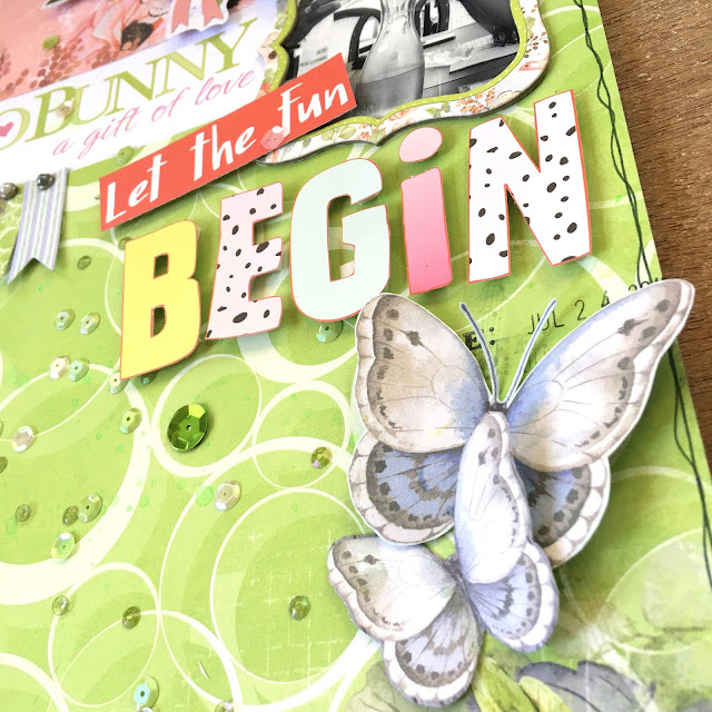 Let The Fun Begin Scrapbook Page by Angela Tombari featuring BoBunny Butterfly Kisses Collection