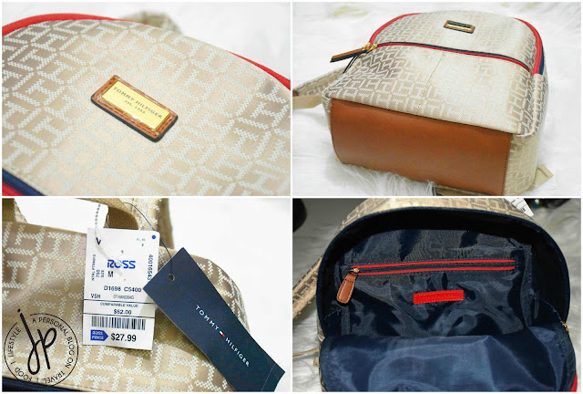 beige backpack with blue and red zipper