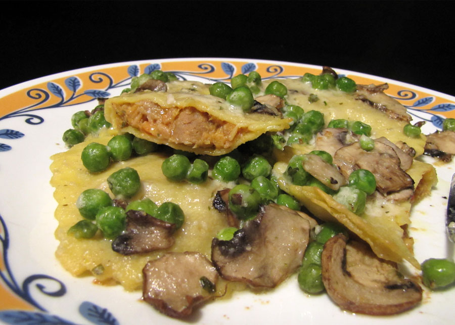 Smells Like Food in Here Roman Cucina Veal Ravioli with Peas and Mushrooms