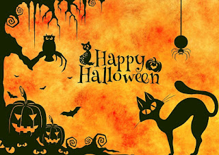 Halloween illustration of pumpkins, bats, and a black cat