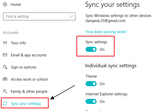 enable sync windows 10