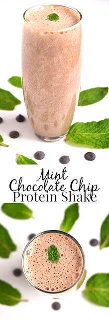 Mint Chocolate Chip Protein Shake tastes like an indulgent treat while being quite healthy with banana, chocolate protein and fresh mint leaves! www.nutritionistreviews.com