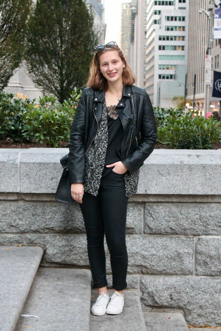 black leather jacket, silk top and dress pants