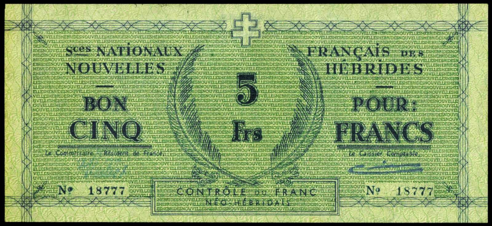 New Hebrides banknotes 5 Francs note 1943